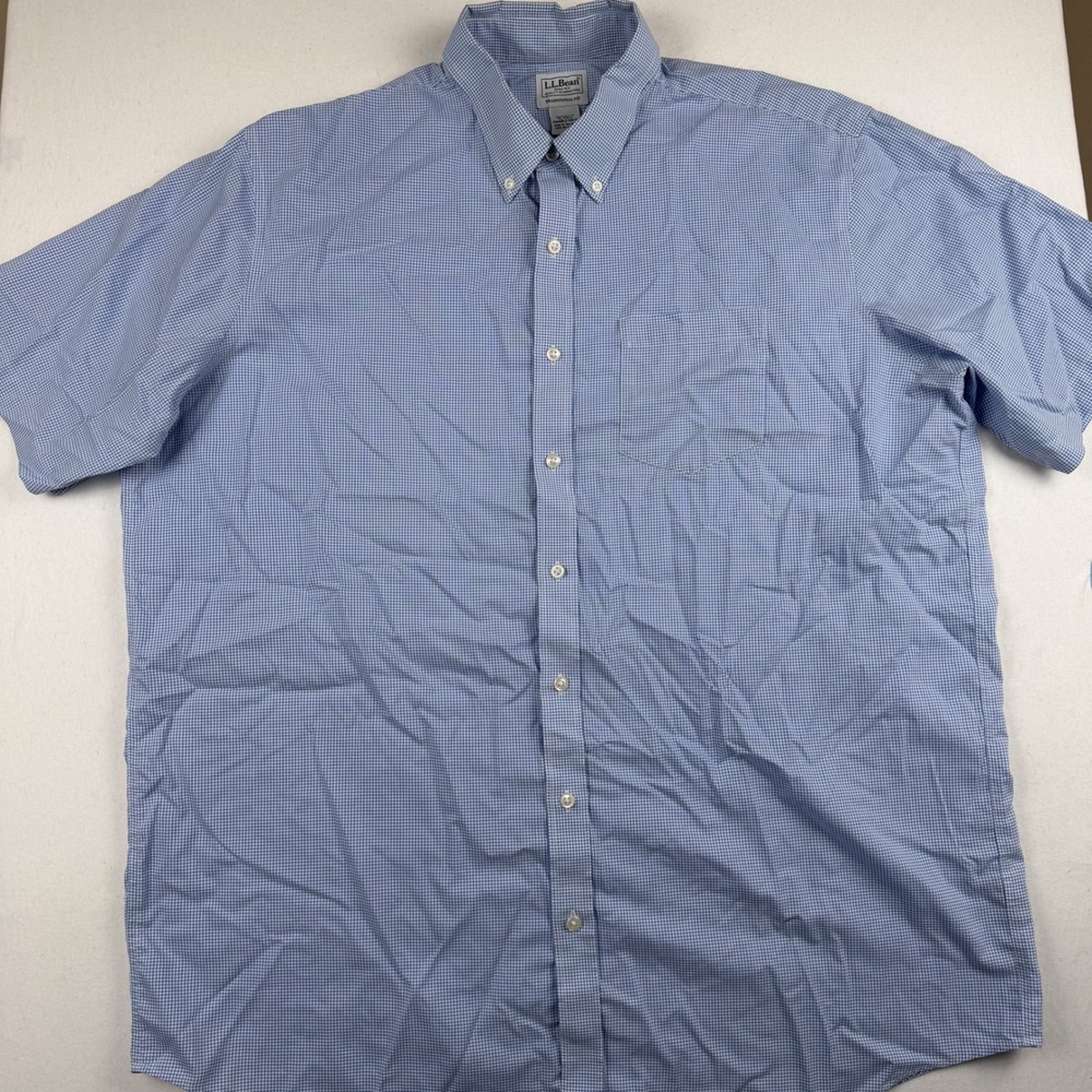 LL Bean Mens XL Tall Blue Gingham Short Sleeve Button Down Shirt